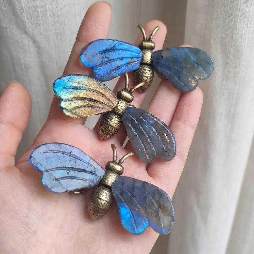 Natural Labradorite Bee Figurine Insect Sculpture Desktop Decoration Hand Carved Stone Wings Metal Body