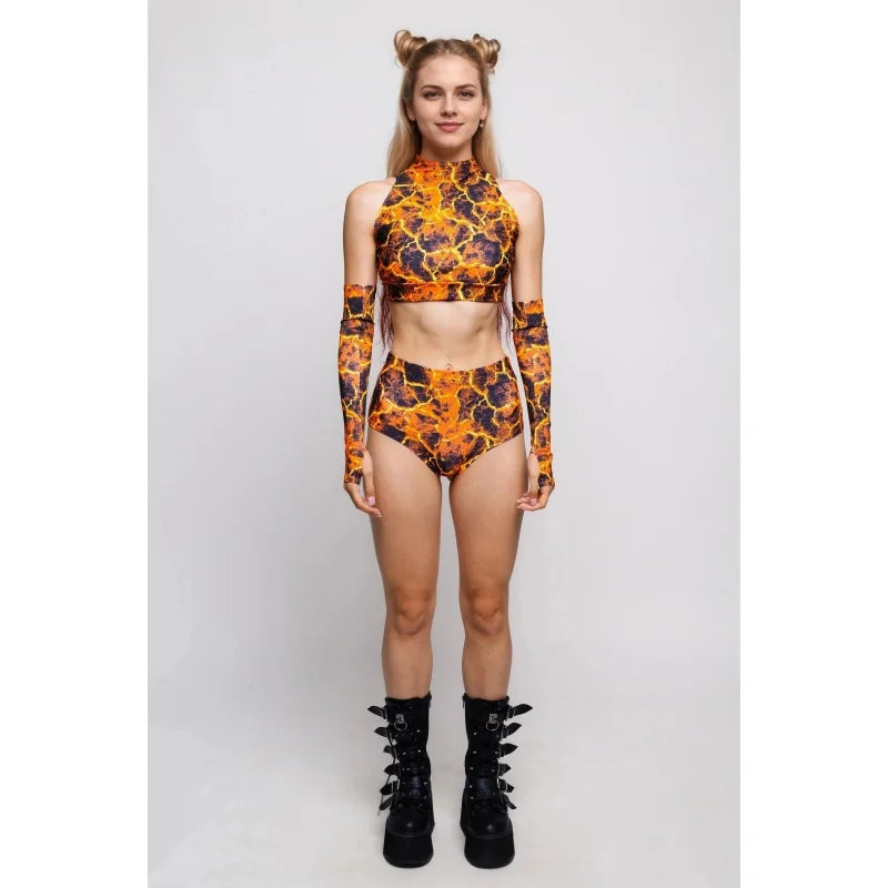 Roller Derby Performance Outfit Women High Neck Crop Set Rave Party Clubwear Printed Bodycon Set