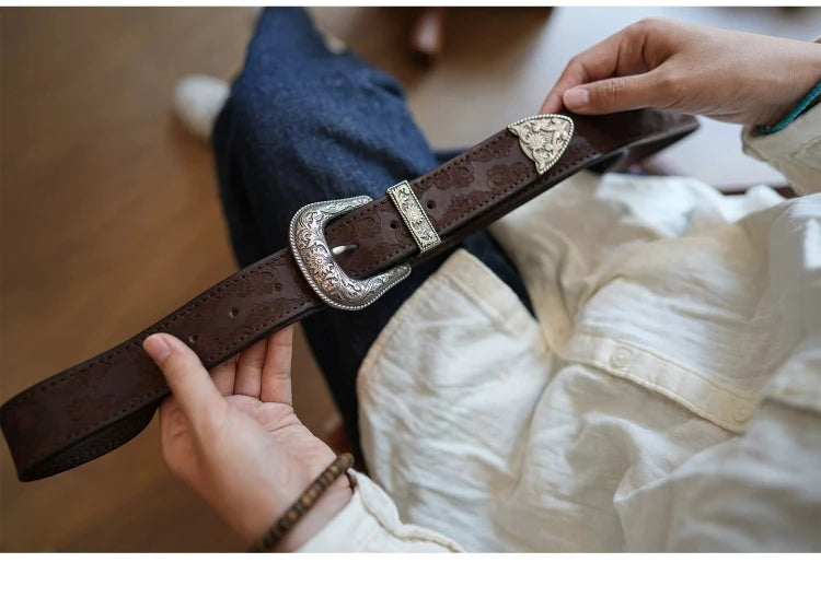 Bobby Ray's Genuine Leather Western Cowboy Court Style Embossed Steel Buckle Belt
