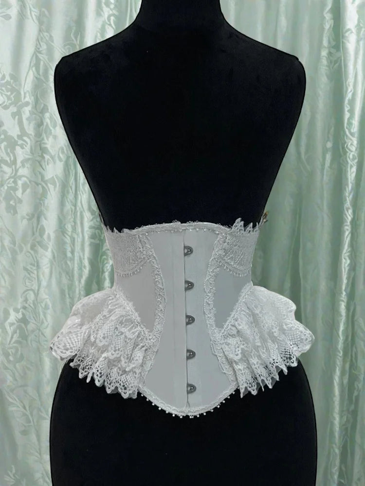 Lolita Lace Up Boned Waist Trainer Stage Costume Victorian Lace Ruffles