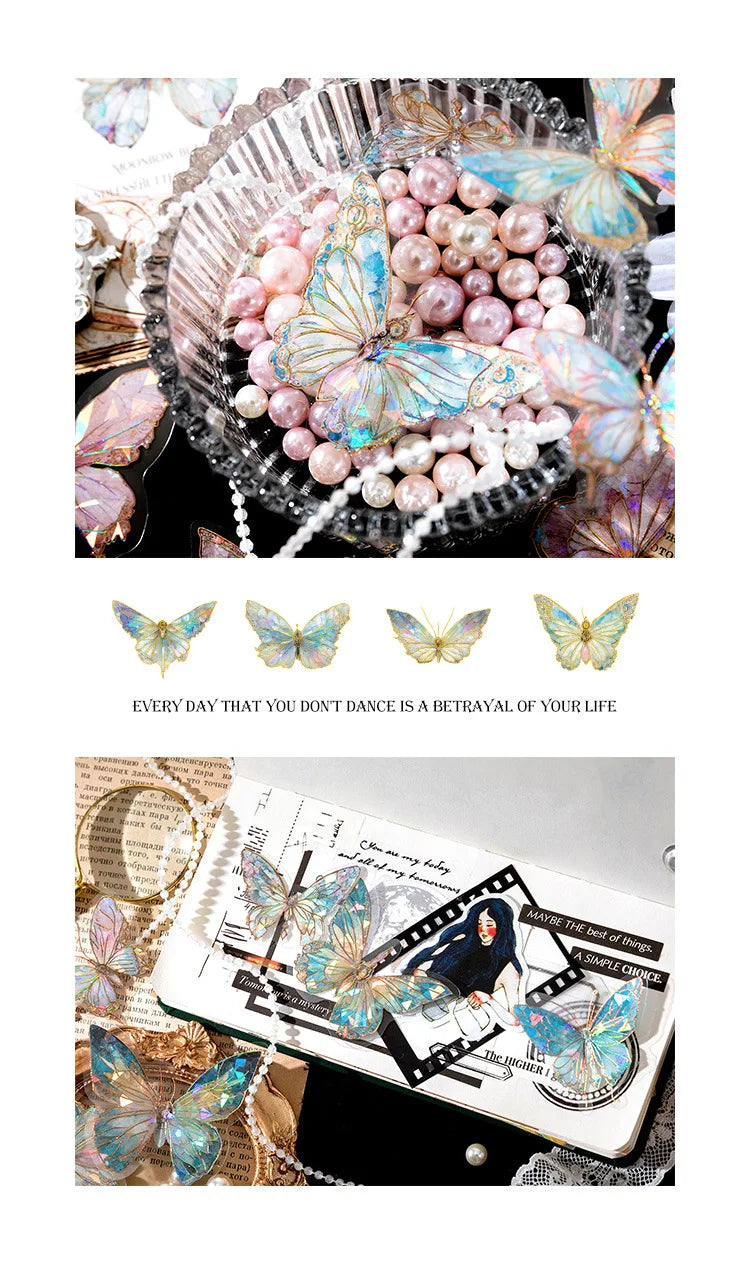 20pcs Ice Crystal Laser Butterfly PET Stickers DIY Scrapbooking Junk Journaling