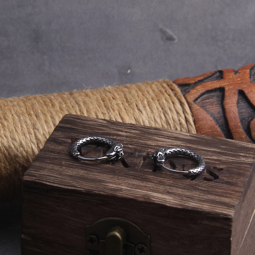 Viking Dragon Head Huggie Stainless Steel Men Hoop Earrings with Wooden Box