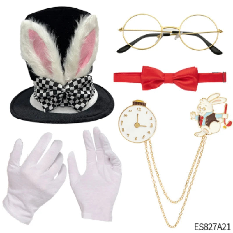 White Rabbit Tea Party Dress Up Accessories Pocket Watch Hat Tie Glasses Gloves