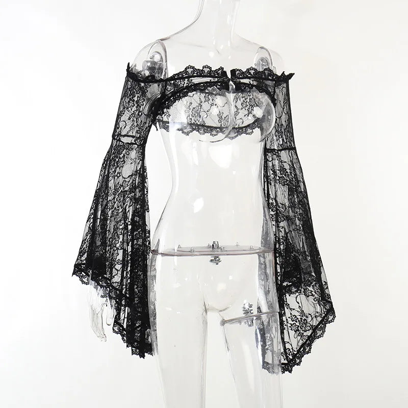 Dark Gothic Lace Long Flare Sleeve Overlay Shrug
