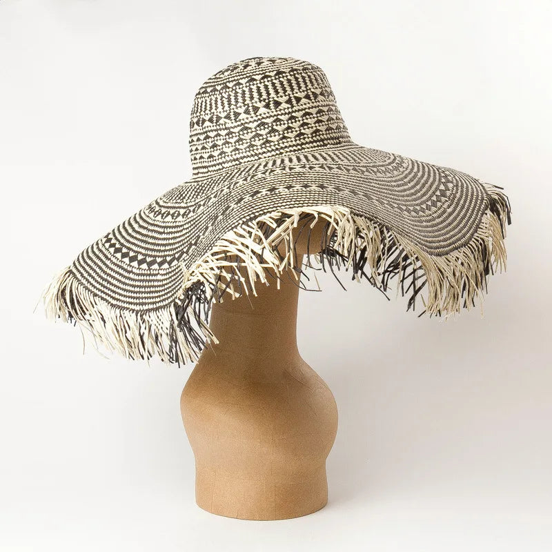 Black and White Large Brim Floppy Straw Summer Hats