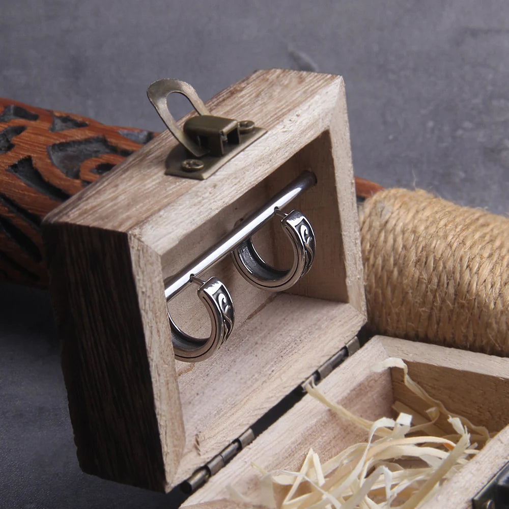 Viking Rune Huggie Hoop Earrings for Men Stainless Steel with Wooden Box
