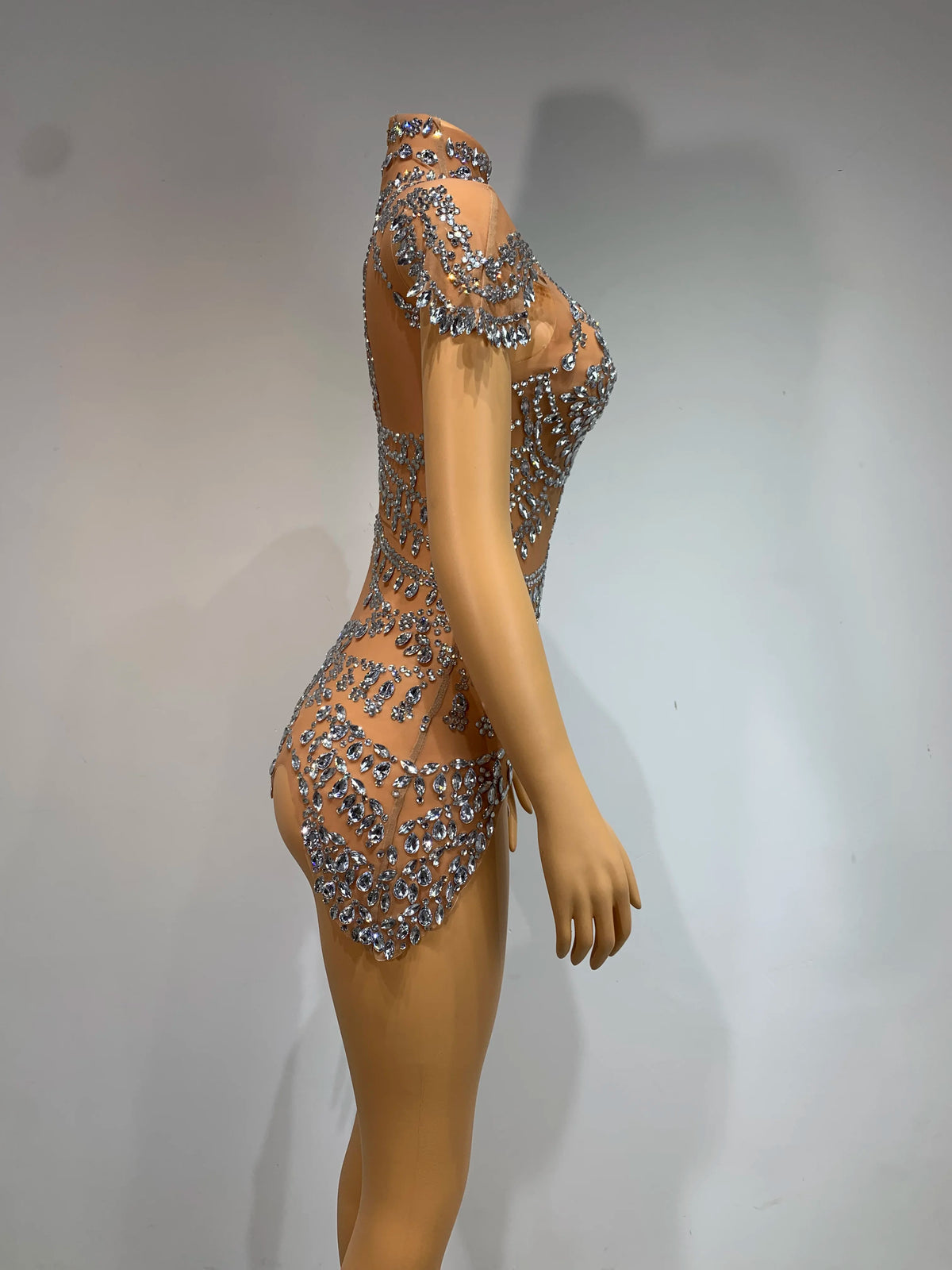 Sparkly Rhinestones Bodysuit Transparent Mesh Performance Dance Costume Stage Wear