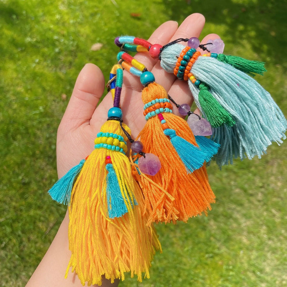 Boho Colourful Crystal and Beading Tassel Keychains Amethysts Purple Crystal Charm Long Tassel Keyrings Hanging Decor