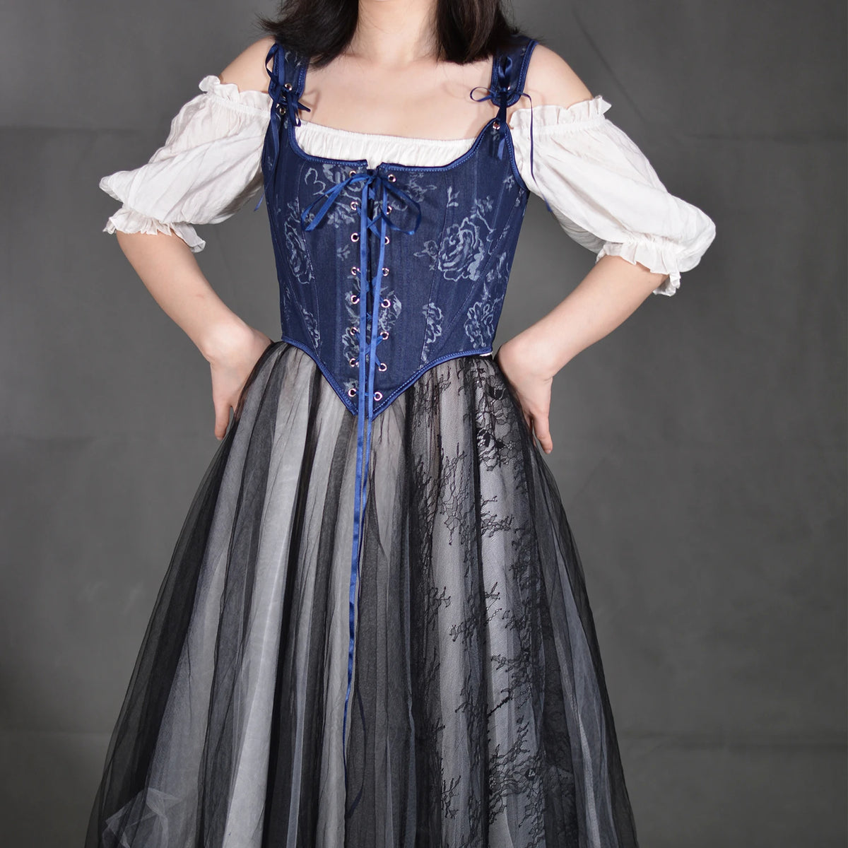Blue Rose French Renaissance Corset Tops Lace-up Overbust Corset