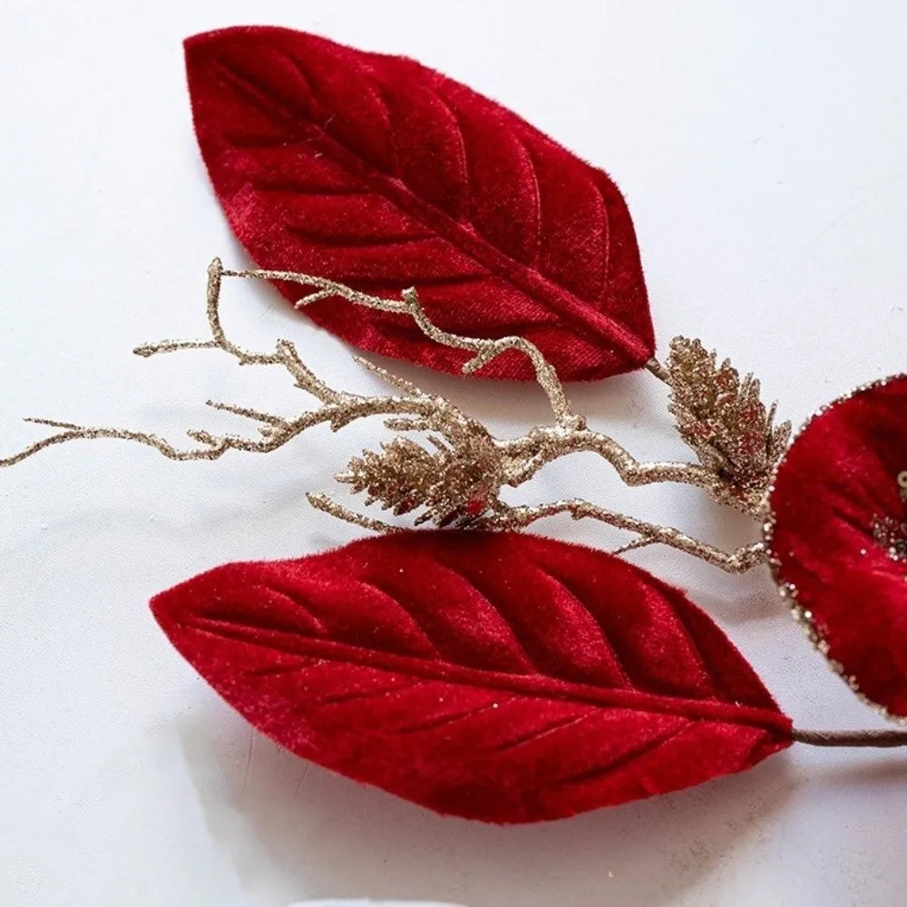 Glitter Christmas Magnolia Artificial Flower Red Gold Handmade Flocking Xmas Decorations