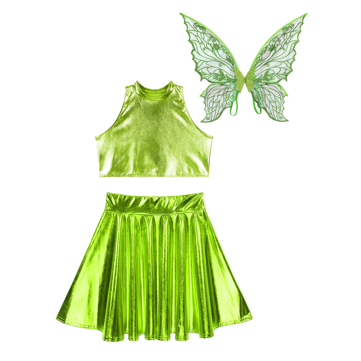 Festival Fairy Cosplay Costume Sleeveless Crop Top, High Waist Flared Skirt And Butterfly Wings Set