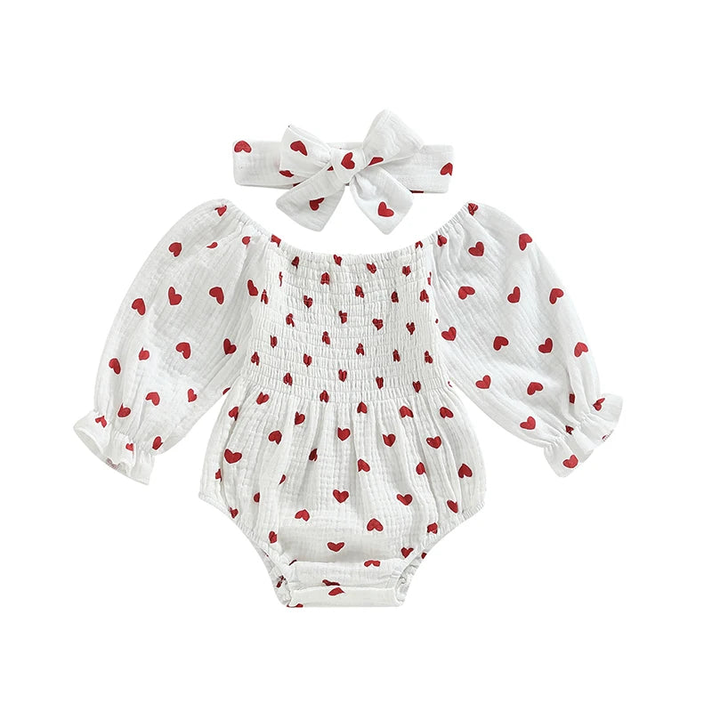 Valentines Day Easter St Patricks Christmas Baby Girls Heart Print Romper with Headband