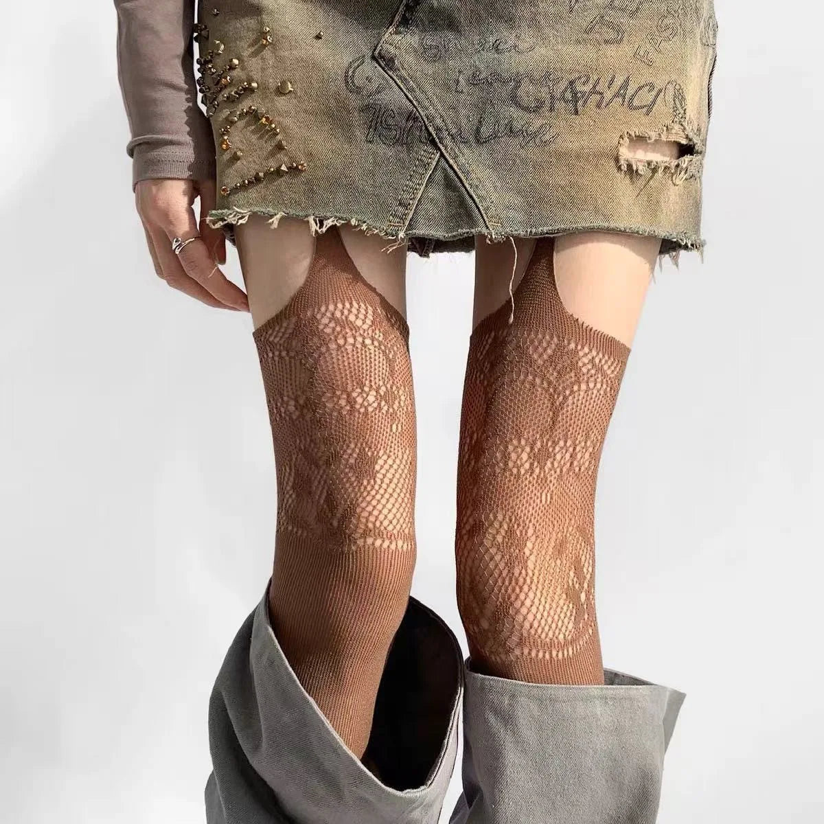 Floral Fishnet Garter Belt Stockings