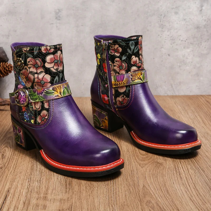 Violet's Floral Boots Genuine Leather Hand-painted Short Boots