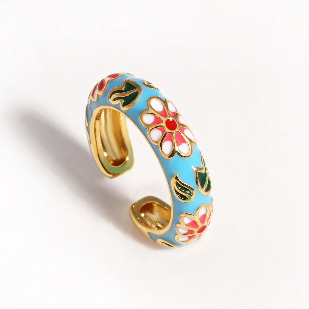 Vintage Boho Colourful Enamel Flower Rings