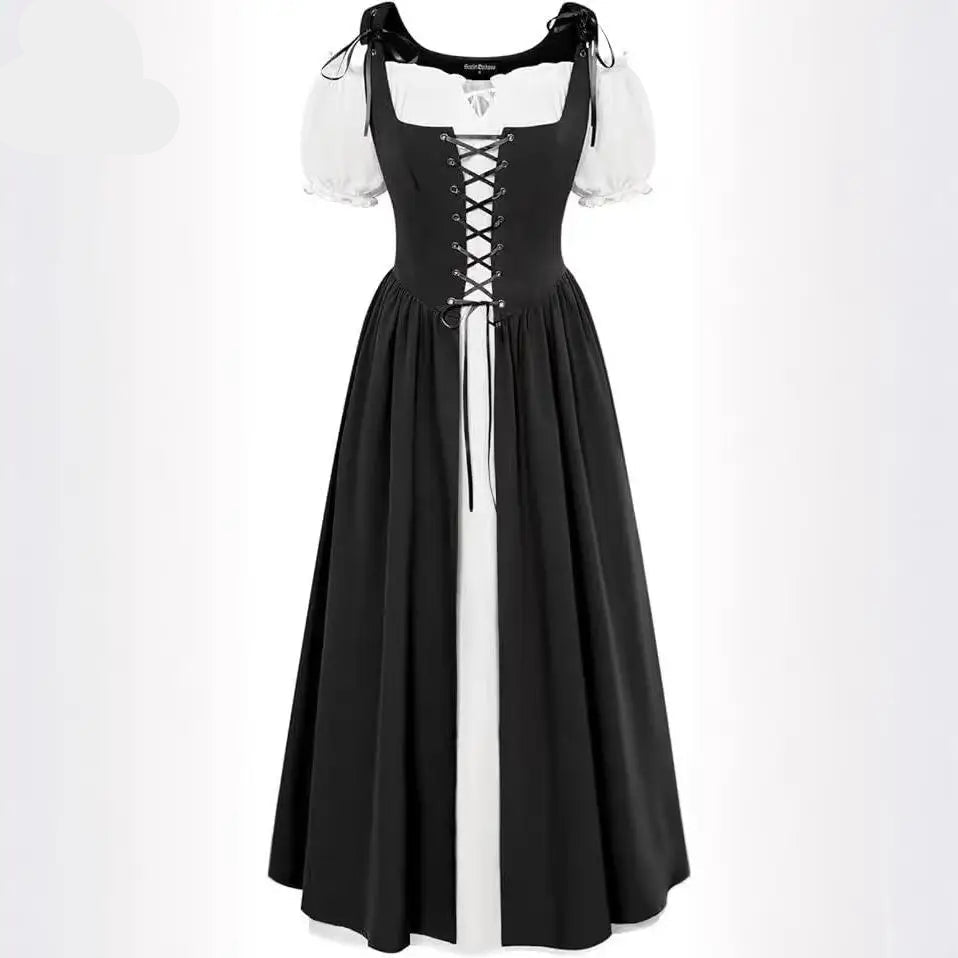 Medieval Cosplay Costume Women Two Layer Lace Up Bodice Dress