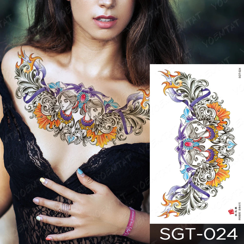 Large Body Art Collar Waist Shoulder Back Temporary Tattoos