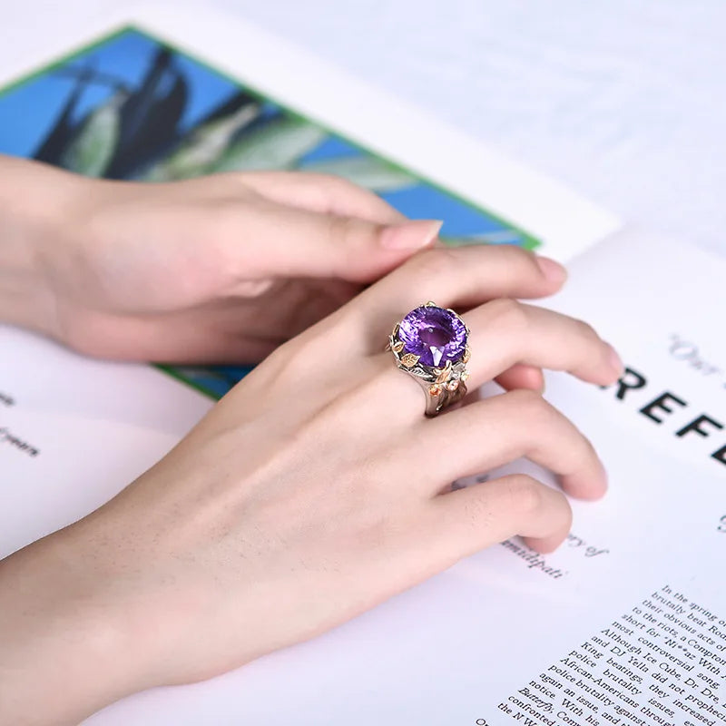 The Weaver's Treasures S925 Sterling Silver Rings Golden Leaves Natural Amethyst Tourmaline