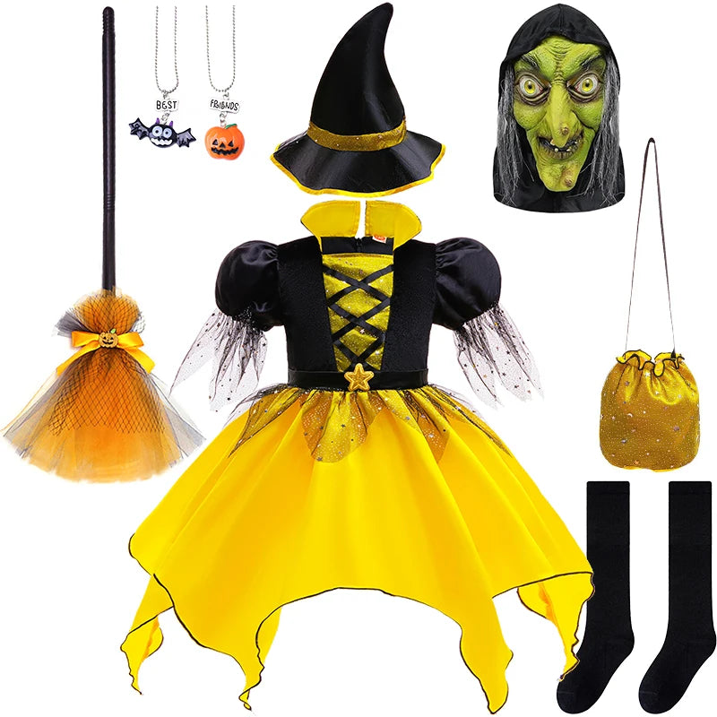 Girls Halloween Cosplay Yellow Witch Costume