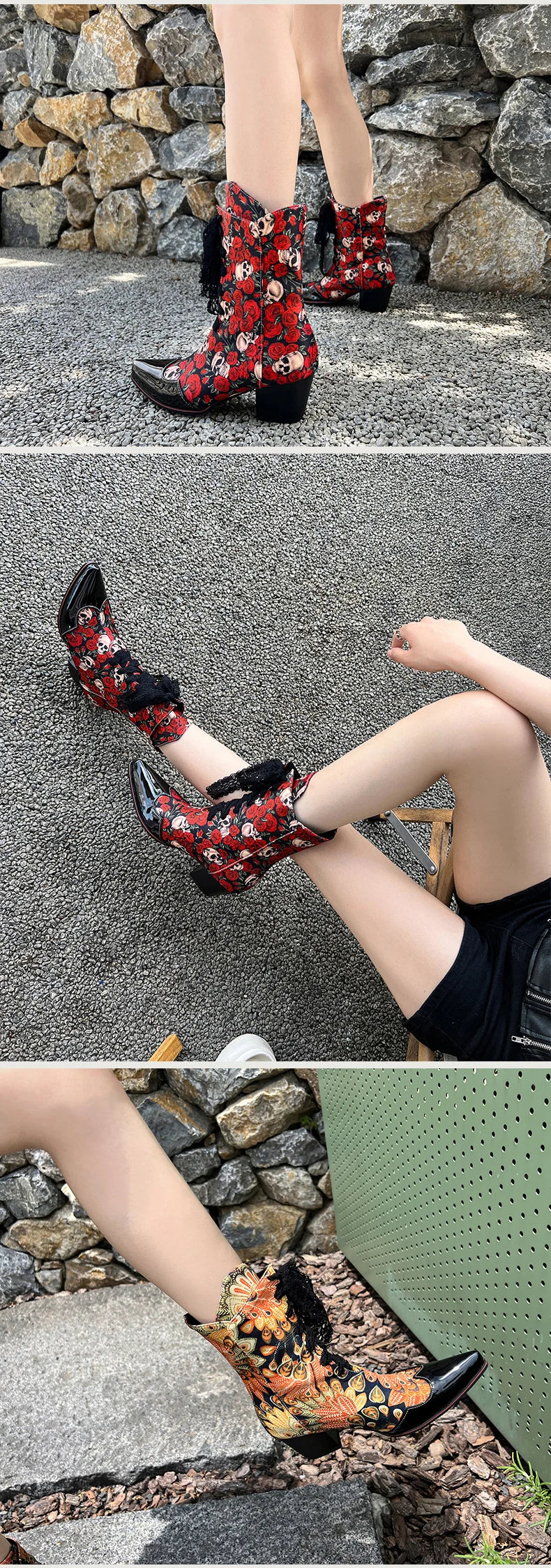 Skull Flower Lace Laces Ankle Boots