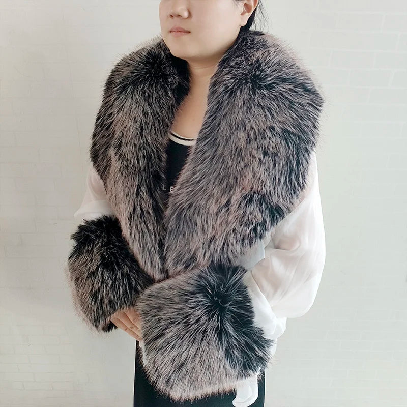 Large Faux Fox Fur Scarf Winter Warm Fluffy Collar And Cuff Sets 19 Colours