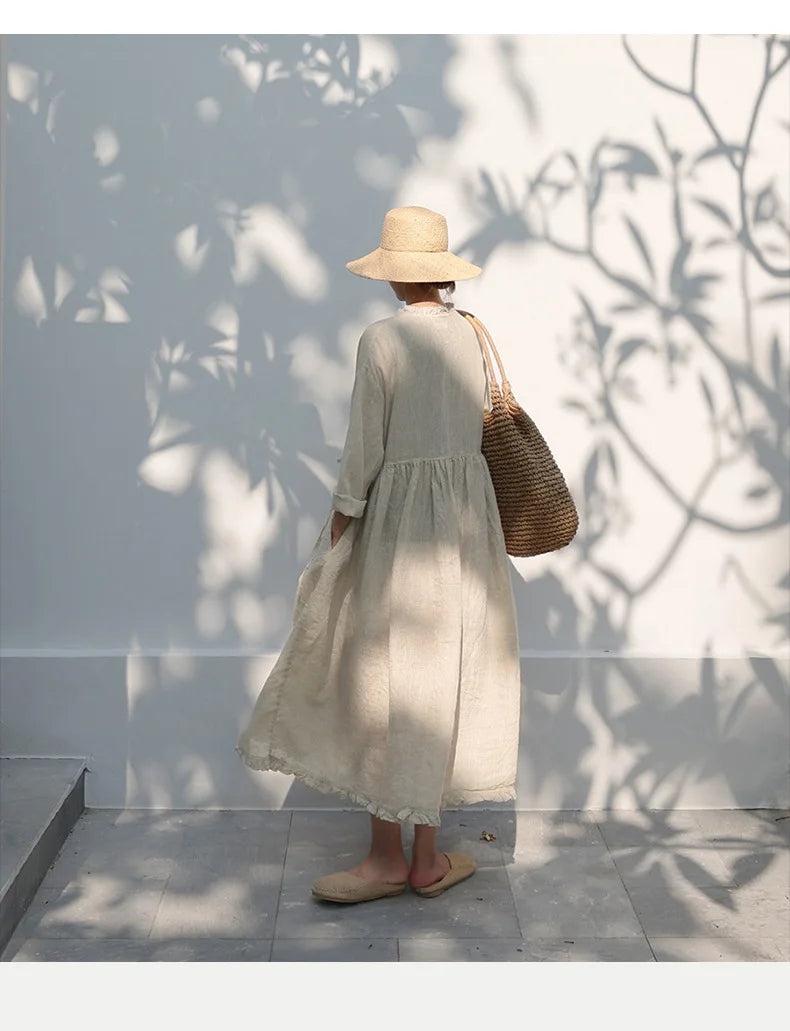 Evie's Vintage French Style Cotton Linen Dress Long Sleeveless Loose Wrap