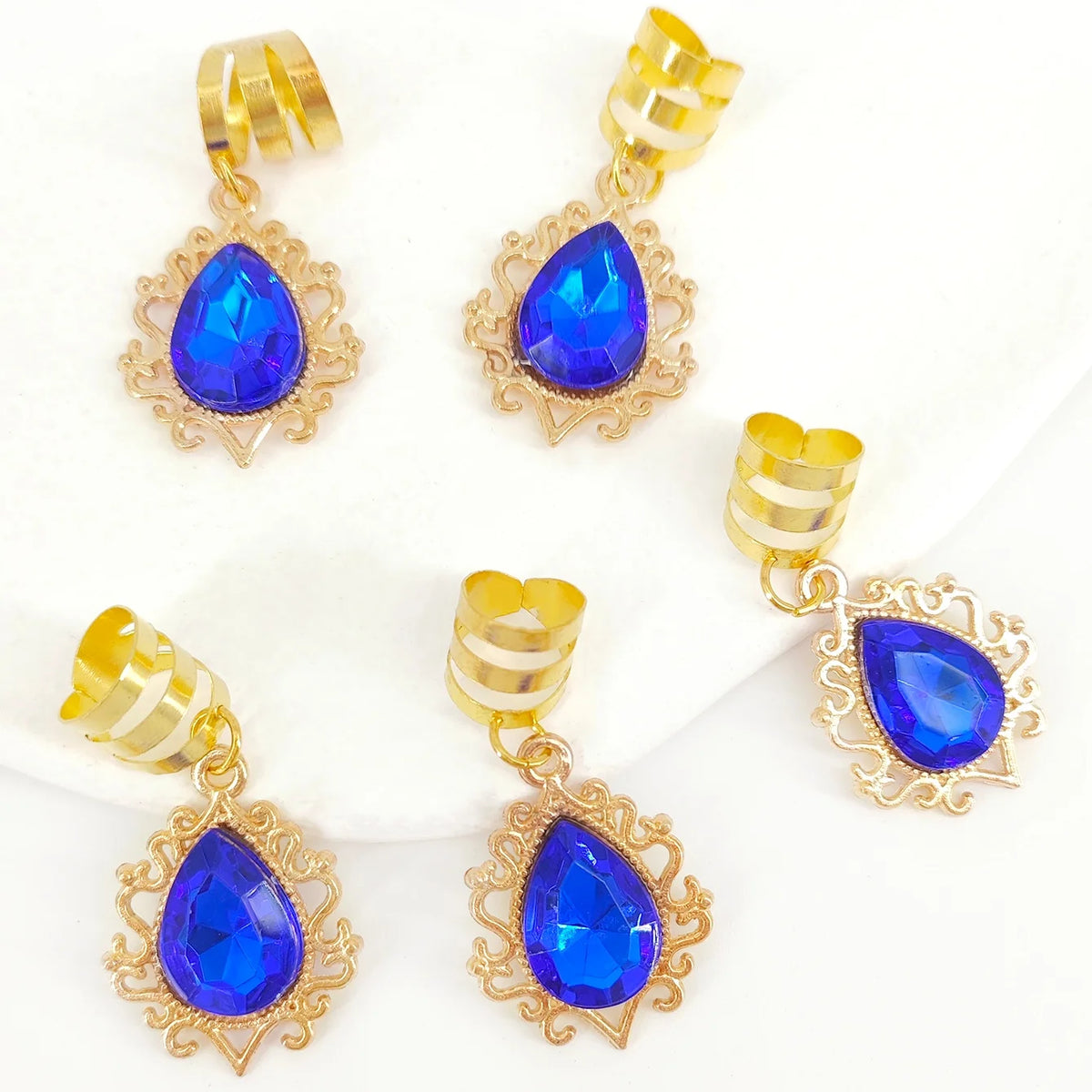 5pcs Braid Clips Filigree Alloy Inlaid Rhinestone Teardrop Pendant Hair Accessories