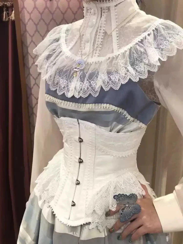 Lolita Lace Up Boned Waist Trainer Stage Costume Victorian Lace Ruffles