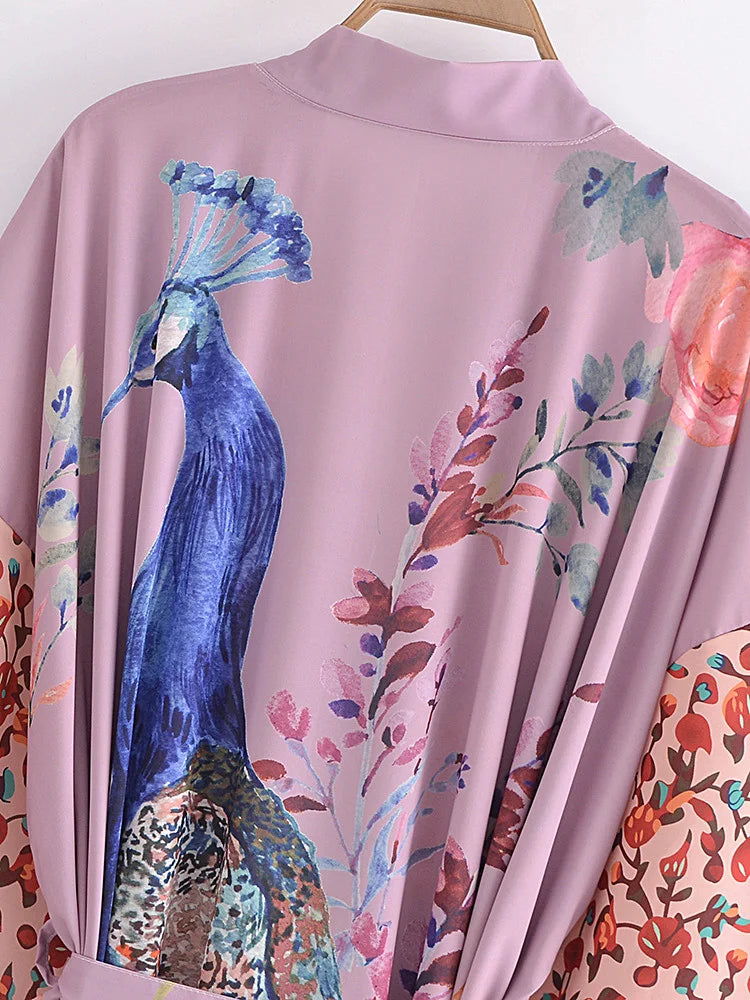Peacock Floral Print Boho Kimono Cover-ups