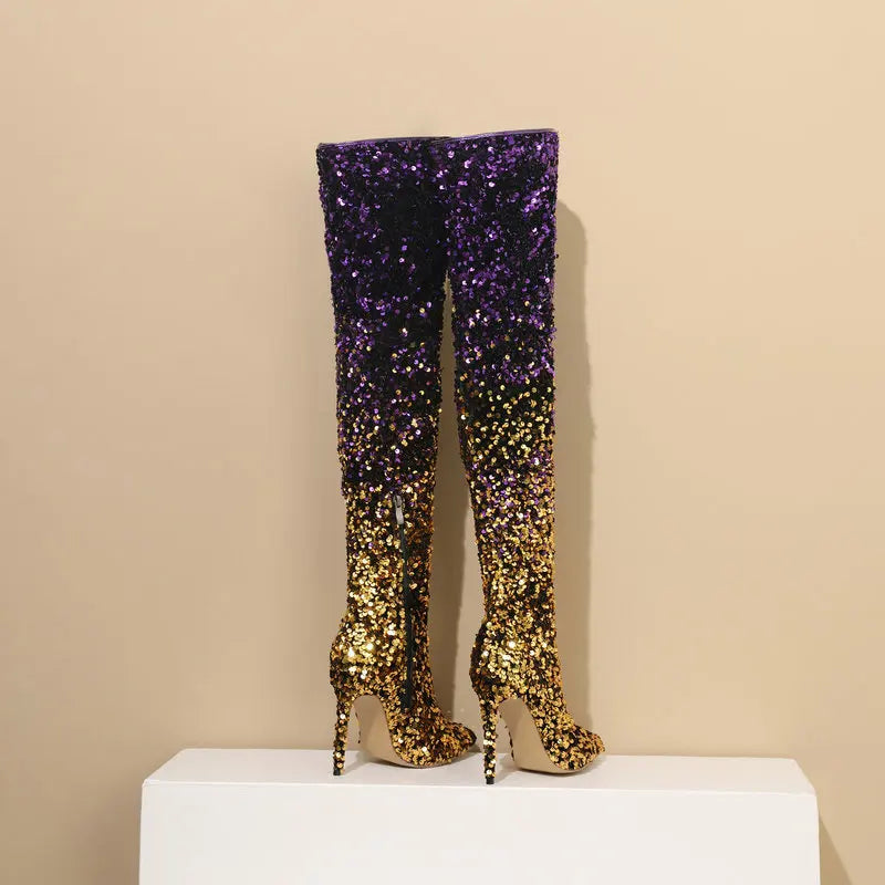 Galaxy Thigh High Boots Gradient Sequin Stretch Boots 11CM Heels