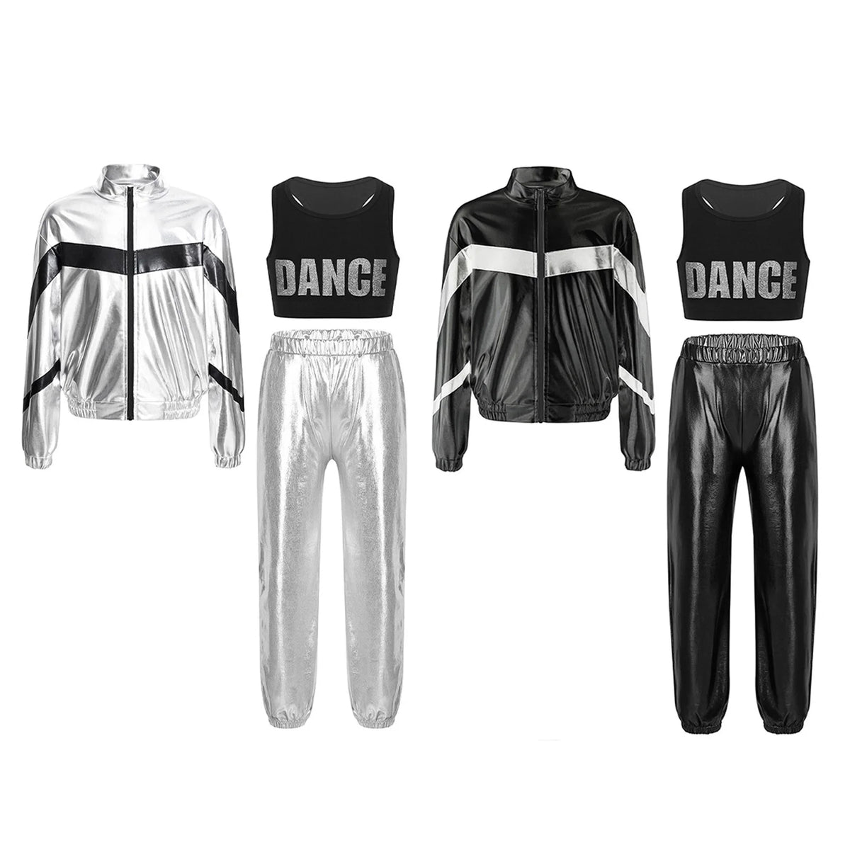 Girls Hip-hop Dance Outfit Streetwear Racer Back Tank Crop Top + Long Sleeve Jacket + Pants 3Pcs/Set