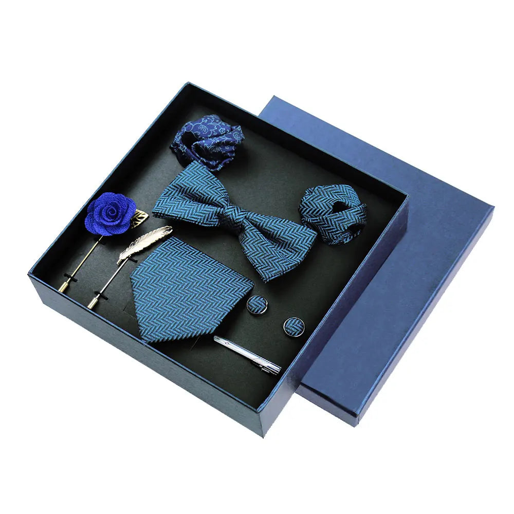 Men's 8pcs Tie Set Wedding Cravat Silk Bowtie Pocket Square Cufflinks Brooch Box Set Gifts For Men