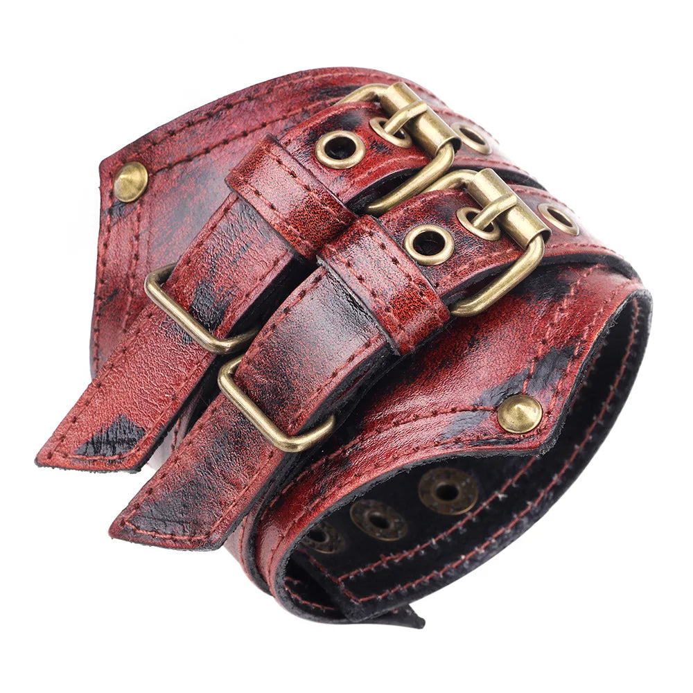 Genuine Leather Men's Wide Leather Wrist Cuff Buckle Bracelet