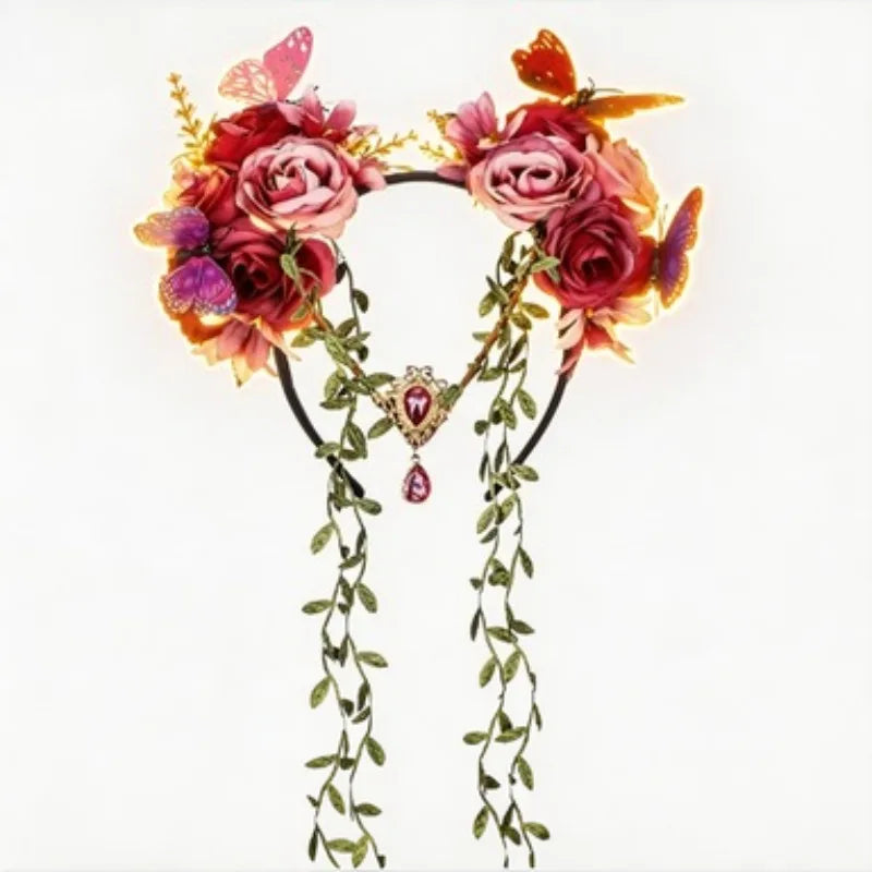 Glowing Flower Headband Butterfly Rose Crowns with Gem Drop Fairy Fascinators Headpieces