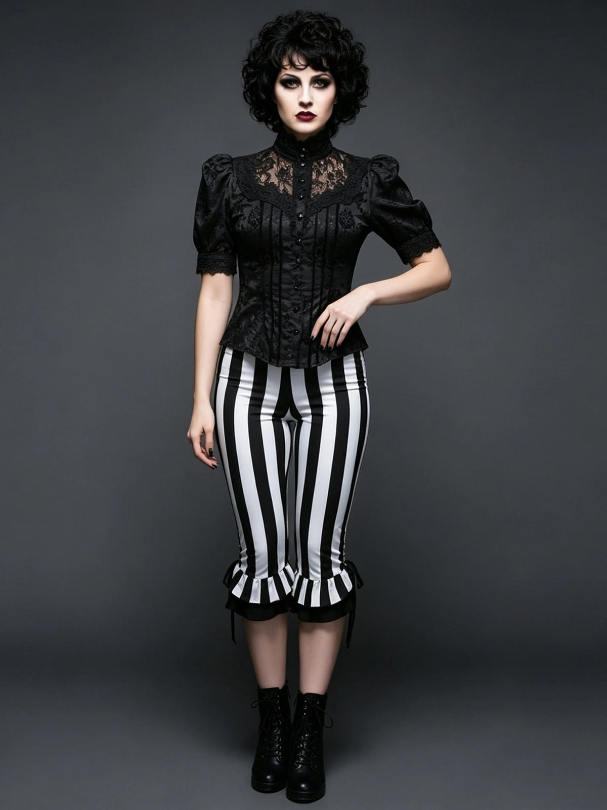 Women’s Black White Striped Capri Pants Slim Fit Bell Bottom Leggings Performance Wear Halloween Costumes