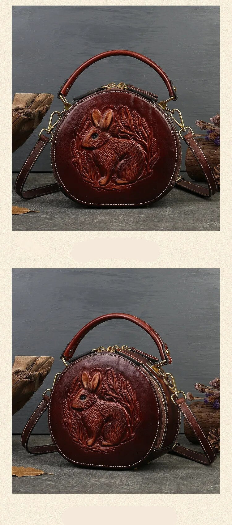 Embossed Rabbit Handbag Genuine Leather