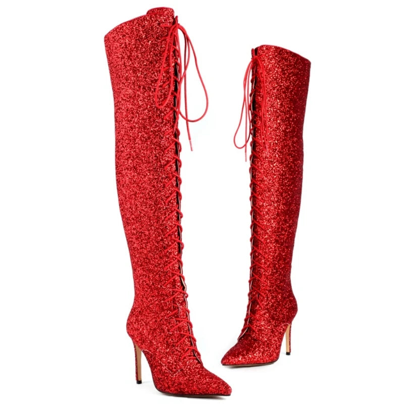 Gold Silver Red Lace-Up Over the Knee High Stiletto Boots