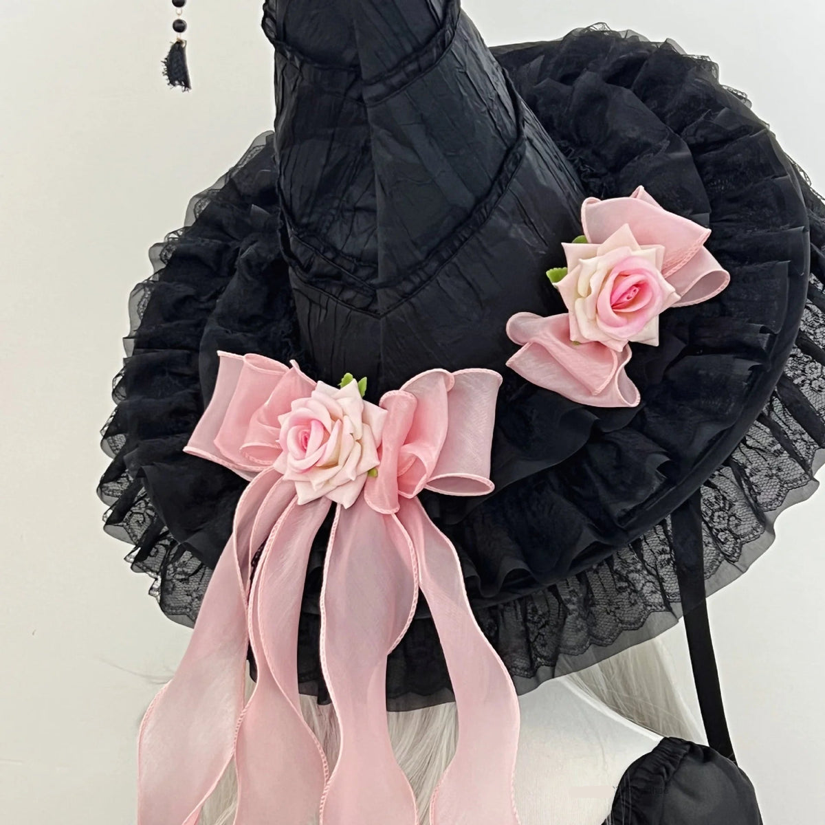 Gothic Witch's Hat Black Ruffled Lace Rose Bow Ribbon Halloween Party Cosplay Costume Props Decor