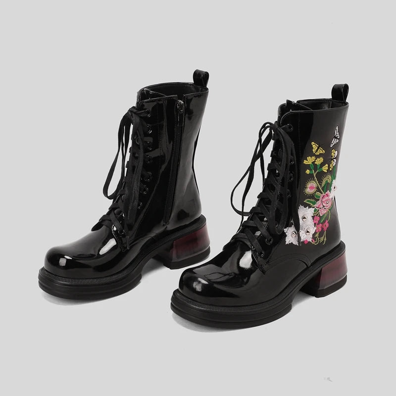Wildflower Embroidery Lace Up Ankle Boots Black Platform Chunky Heels Large Sizes
