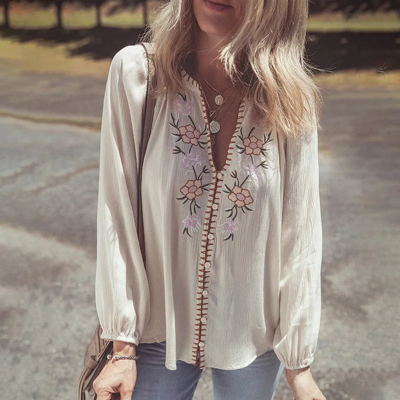 Gracie's Boho Blouses Floral Embroidery Button Down White Long-sleeved Shirt