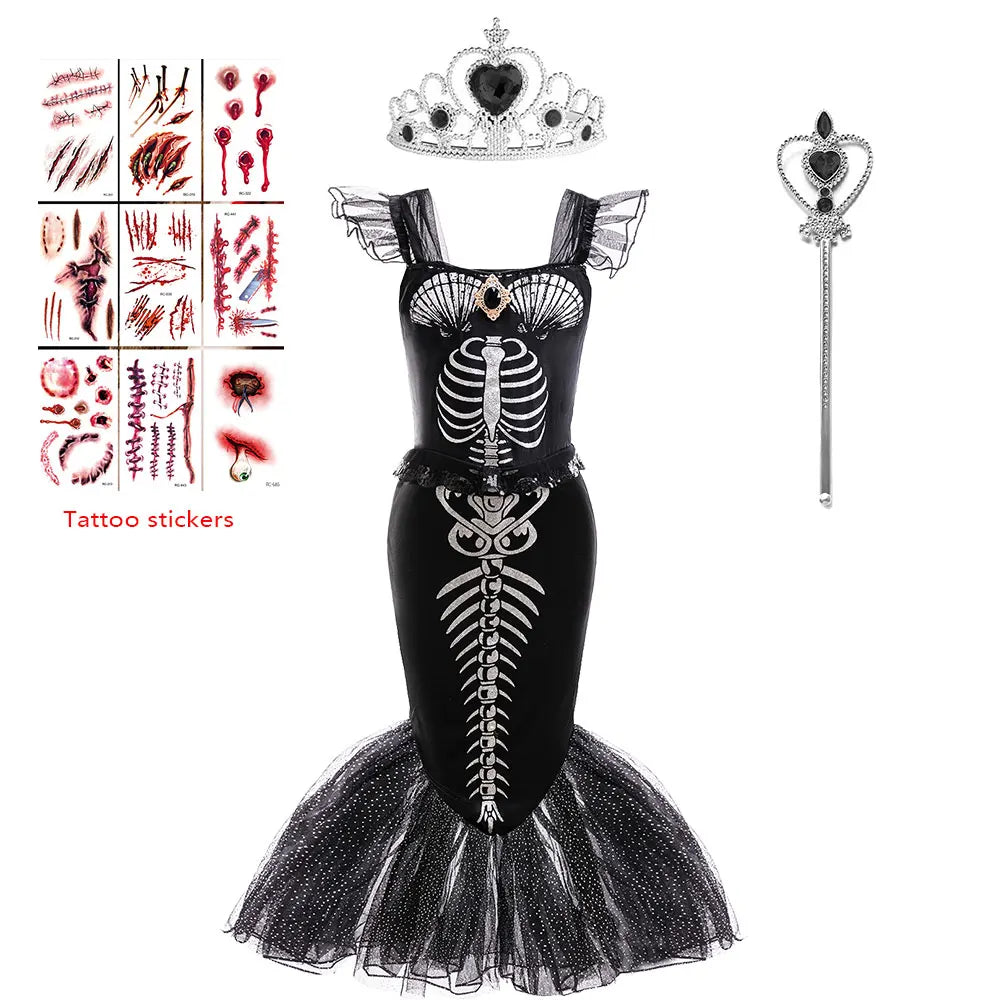 Halloween Mermaid Skeleton Costume Sets Gothic Girls Black Dress
