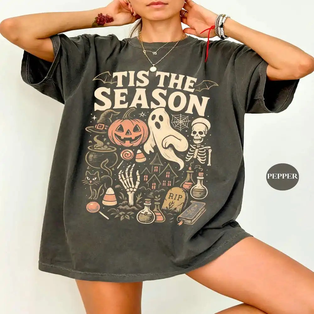'Tis The Season Skeleton Pumpkin Ghost Halloween T-Shirt Vintage Halloween Cotton Tee