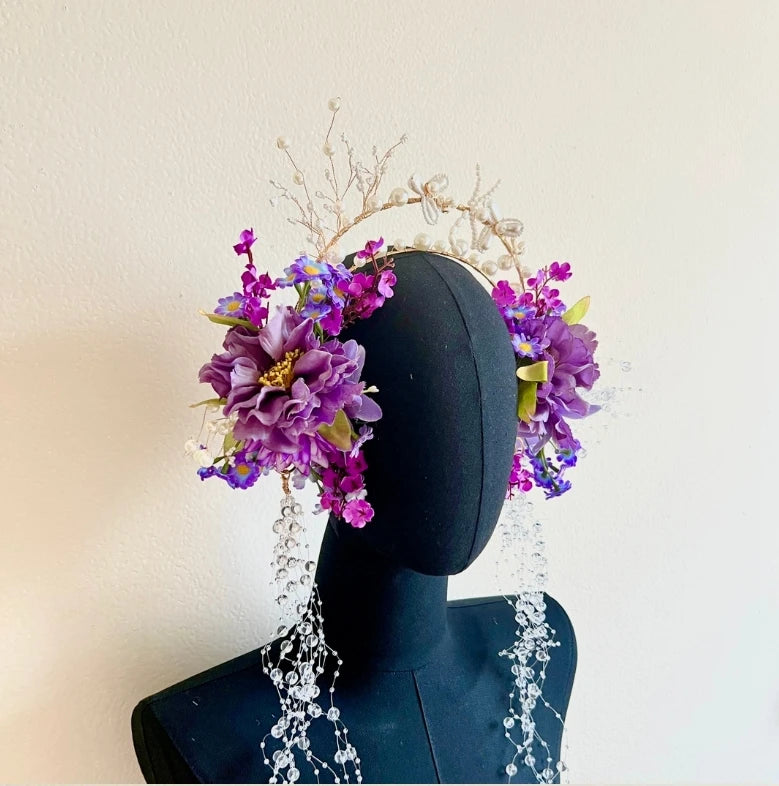 Handmade Fairycore Plum Fai Floral Halo Crown Elven Hair Jewellery