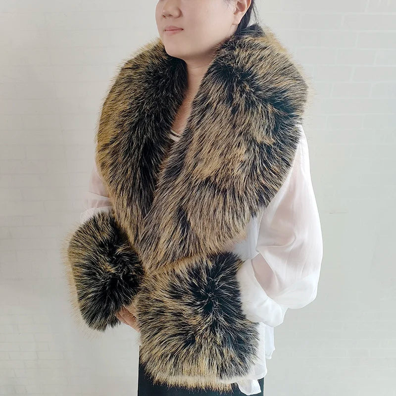 Large Faux Fox Fur Scarf Winter Warm Fluffy Collar And Cuff Sets 19 Colours