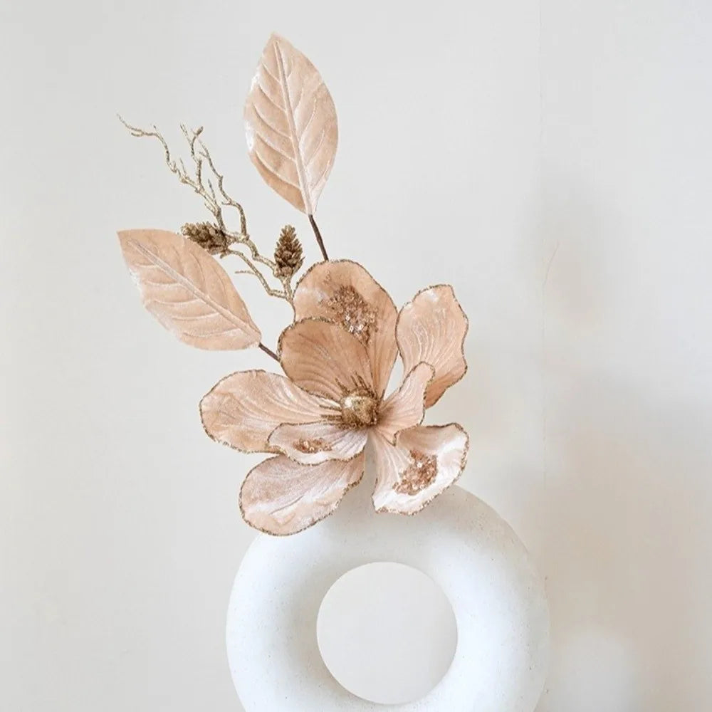 Glitter Christmas Magnolia Artificial Flower Red Gold Handmade Flocking Xmas Decorations