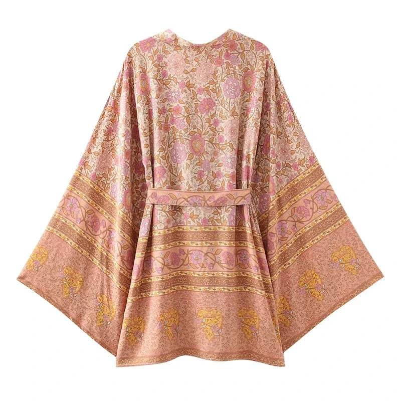 Penny's Boho Floral Print Short Kimono Robe