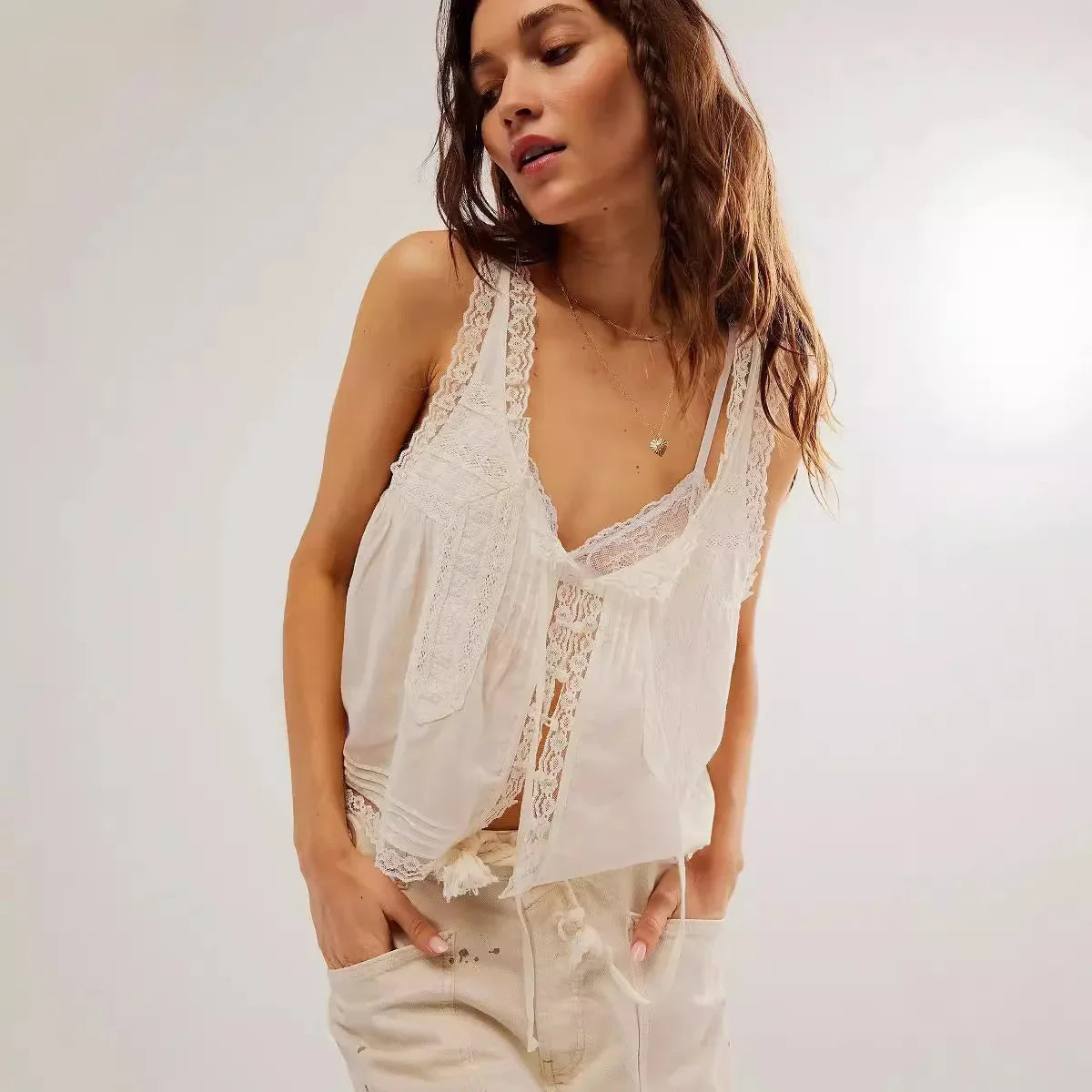Pip's Summer Cotton Camis Crop Tops Boho Spliced Lace Tank Tops
