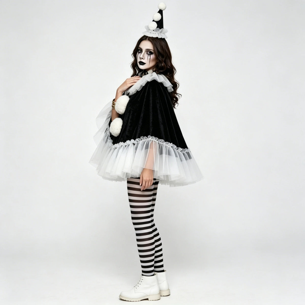 Women Pierrot Clown Costume 3Pcs Halloween Clown Cosplay Set