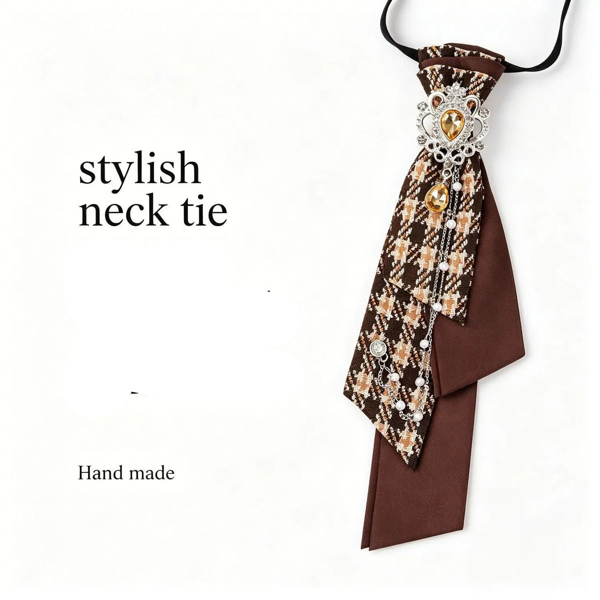 Dark Academia Jabot Plaid Short Necktie Rhinestone Brooch Pearl Chain