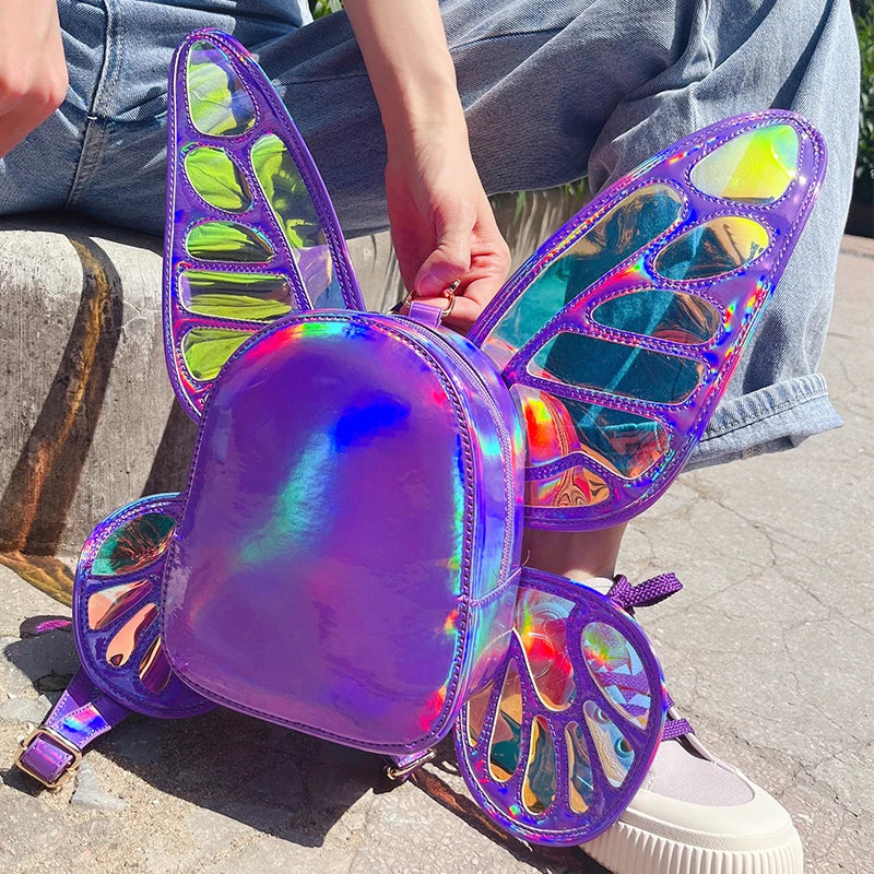 Mini Backpack Butterfly Wings Daypack Holographic Leather